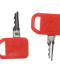 Two red metal keys from the Ten Piece T209428 Ignition Keys Kit For JD Skid Steer Loader Compact Track Loader Replacement Red Ignition Keys