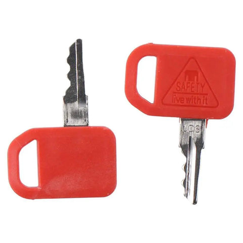 Two red metal keys from the Ten Piece T209428 Ignition Keys Kit For JD Skid Steer Loader Compact Track Loader Replacement Red Ignition Keys