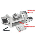 Pro Grade CNC 4th Axis Rotary Table With Chuck And T Slot Base 100X125mm showcasing gear and reduction ratios for precision machining.