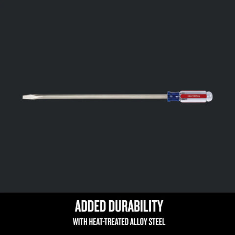 Heavy-Duty Three-Eighths-Inch By Sixteen-Inch Slotted Screwdriver With Acetate Handle, heat-treated alloy steel for strength, side view