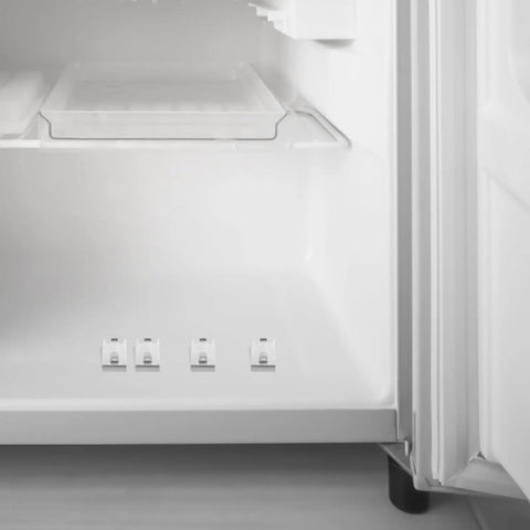 Inside fridge view showing Stainless Steel Refrigerator Shelf Clips Replacement Hooks, 4-piece adjustable holders in use.