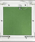 Heavy Duty 16 By 16 Inch Aluminum Access Panel With Ready Install Frame For Drywall Or Drop Ceiling No Fuss Push Latch Hatch For Hvac Ducts Plumbing And Electrical, top view with green panel.