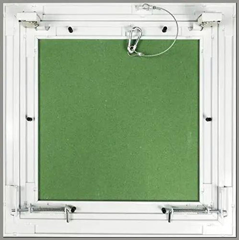Heavy Duty 16 By 16 Inch Aluminum Access Panel With Ready Install Frame For Drywall Or Drop Ceiling No Fuss Push Latch Hatch For Hvac Ducts Plumbing And Electrical, top view with green panel.