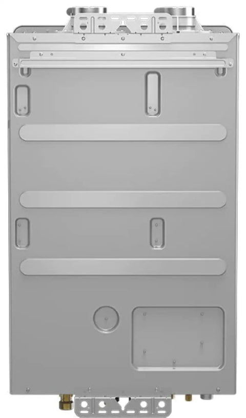 Back view of The Badass Thermaforce 199K BTU Tankless Water Heater and Combi Boiler Rig, gray finish, displaying connections.