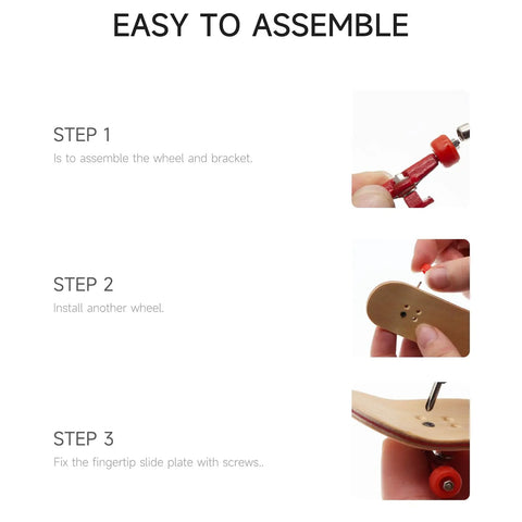 Assembly steps for Fingerboard Hardware Kit With 14 Multicolor Trucks, 48 Wheels, 60 Screws, 30 Nuts And 4 Spanner Tools.