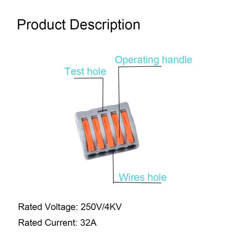 Diagram of Pro Grade Lever Wire Connectors Kit With Push In Design For Quick Connect 28-12 AWG 5 Port showing test and wires holes