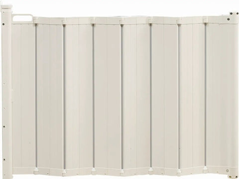 Auto Retractable Stair Gate for Doorways and Stairs, Fits 21.7 to 32.3 Inch Openings, White Safety Gate fully extended against a wall