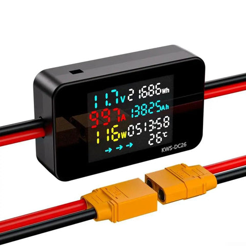 Hardcore Dc Power Meter And Battery Load Tester 8 To 80 Volt 50 Amp Analyzer With Sleek Color Lcd Screen for EV and solar gear with XT60 and XT90 adapters.
