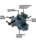 Heavy Duty Cast Iron Drill Press Vise With Cross Slide, 4 Inch Jaw Capacity, showing clamp features and replaceable jaws for precise machining.