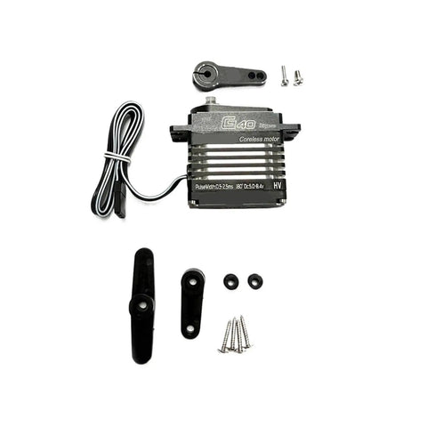 Heavy Duty Full Metal Coreless Servo Motor With Precision Encoder And Waterproof IPX8 Rating showing motor, connectors, and accessories.