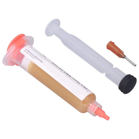 10cc Solder Flux Paste For Easy Tinning And Strong Joints syringe with needle, Model RMA-UV-559, shown with cap and applicator
