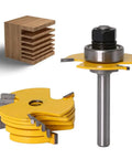 Adjustable Three Wing Slot Cutter Router Bit Set With Bearings One Quarter Inch Shank One Half Inch Cutting Depth One Seven Eighth Inch Cutter Diameter Includes Six Widths From One Sixteenth To One Quarter Inch Anti Kickback CNC Balanced For Killer shown with wooden slots and yellow blades