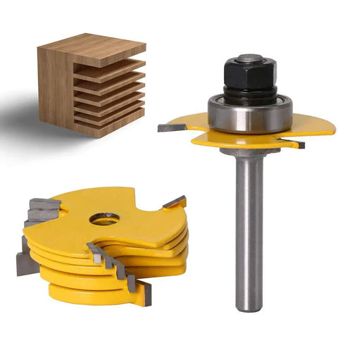 Adjustable Three Wing Slot Cutter Router Bit Set With Bearings One Quarter Inch Shank One Half Inch Cutting Depth One Seven Eighth Inch Cutter Diameter Includes Six Widths From One Sixteenth To One Quarter Inch Anti Kickback CNC Balanced For Killer shown with wooden slots and yellow blades