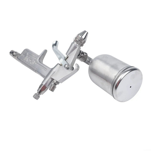 Top Shelf Gravity Feed Paint Sprayer Gun 0.5mm Precision Nozzle 125ml Cup for Auto Detailing and Wood Projects, silver, close-up view.