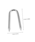 Silver iron U-shaped fencing staple with sharp tips, dimensions 2.5cm x 1.3cm, part of 50 Piece U Shaped Fencing Staples For Heavy Duty Iron Garden Nails Quick Install Sharp Tip Easy To Use For Securing Fences Tents And Landscaping For Outdoor Projects And DIY Fencing.