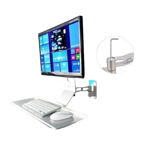 Heavy Duty Industrial Cabinet Computer Monitor Mount With Rock Solid Workhorse Build, supporting a monitor above keyboard and mouse.