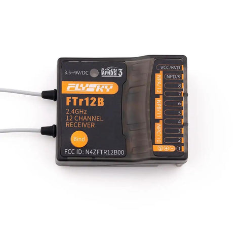 FTR12B 2.4GHz 12CH AFHDS 3 Dual Antenna Receiver for PL18 NB4 NB4 Lite Transmitters showing ports and labels