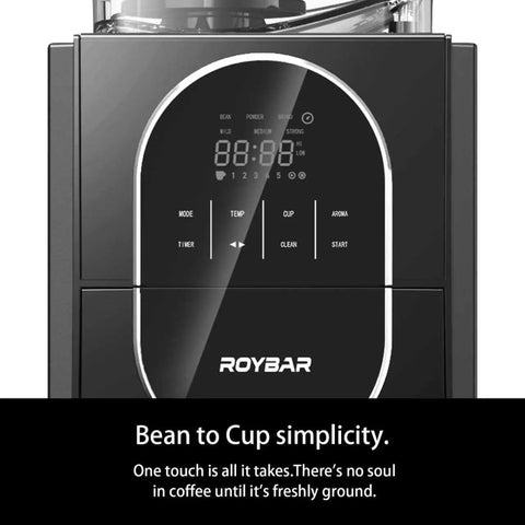 Fully Automatic Programmable Coffee Maker With Built In Grinder And Timer control panel displaying settings and timer.