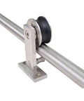 Stainless Steel Sliding Barn Door Hardware Kit 10 Foot Track For Double Doors Includes Two 1525mm Rails showing roller and rail connection.