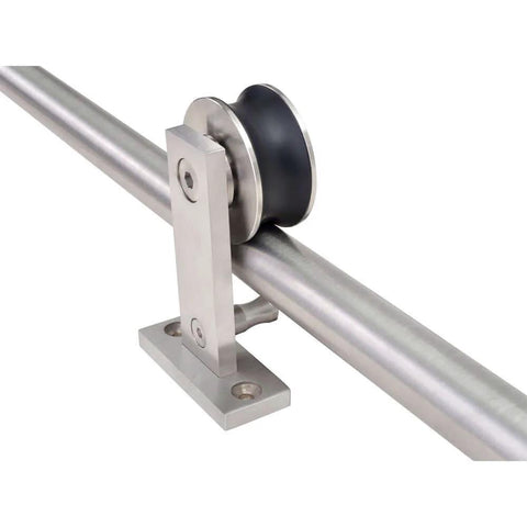 Stainless Steel Sliding Barn Door Hardware Kit 10 Foot Track For Double Doors Includes Two 1525mm Rails showing roller and rail connection.