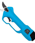 Top Notch Long Reach Cordless Pruner With Sixty Four Inch Pole And Smooth Operator Slicing Power, close-up of blue handle and blade.