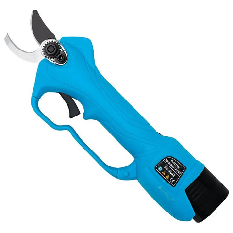Top Notch Long Reach Cordless Pruner With Sixty Four Inch Pole And Smooth Operator Slicing Power, close-up of blue handle and blade.