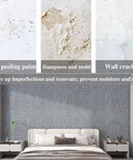 Heavy Duty Gray Self Adhesive Wallpaper Roll With Aluminum Foil Backing For Interior Walls Heat Cold Mold Resist Easy Cleanup No Fuss Removable Wallcovering 50 Cm X 70 M Long shown on a wall with peeling paint and cracks.