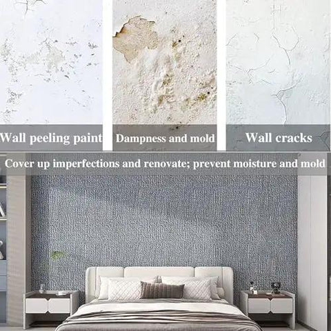 Heavy Duty Gray Self Adhesive Wallpaper Roll With Aluminum Foil Backing For Interior Walls Heat Cold Mold Resist Easy Cleanup No Fuss Removable Wallcovering 50 Cm X 70 M Long shown on a wall with peeling paint and cracks.