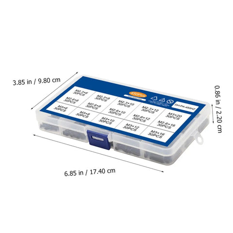 450 Piece Black PA Cross Head Round Self Tapping Screws Kit For Electronics And Furniture Repairs in a plastic case with dimensions.
