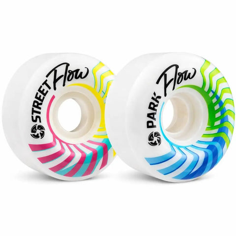 Flow Skate Park Roller Skate Wheels 89A Street for park and ramps, colorful design, set of 4, 58x32mm, ideal for grinding and sliding.