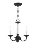 Three Light Black Mini Chandelier With Transitional Steel Design, Compact 14 By 14 Inch Ceiling Fixture with soft lighting.