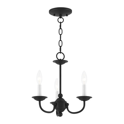 Three Light Black Mini Chandelier With Transitional Steel Design, Compact 14 By 14 Inch Ceiling Fixture with soft lighting.