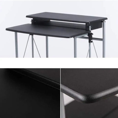 Adjustable Height Sit Stand Workstation Mobile Standing Desk Foldable Computer Table With Sturdy Waterproof Surface, close-up of surface and frame.