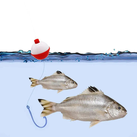 60 Piece Fishing Floats Set Hard ABS Push Button Round Buoys For Tackle Accessories One Inch And One And A Half Inch Red And White With Metal Hook Great For Catching Fish And DIY Decor in use, suspending fish underwater.