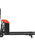 Massive 4400 Lb Electric Pallet Jack Truck With Lithium Battery And 48 Inch Forks For Heavy Material Handling In Warehouses And Supermarkets Plus Easy Ramp Climbing Power, side view with black and red design.