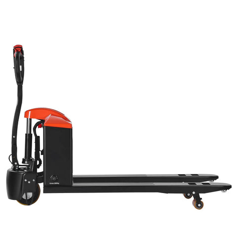 Massive 4400 Lb Electric Pallet Jack Truck With Lithium Battery And 48 Inch Forks For Heavy Material Handling In Warehouses And Supermarkets Plus Easy Ramp Climbing Power, side view with black and red design.