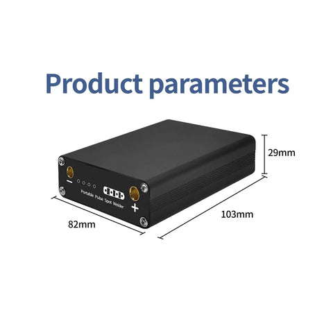 Dimensions of Handheld Mini Spot Welder Kit For DIY Projects, Portable Welding Pen, 103mm x 82mm x 29mm, black casing.