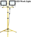 Security Lights Led Flood Light 2X100W 5000K Led Work Light with 100In mounted on a yellow tripod stand for versatile use.