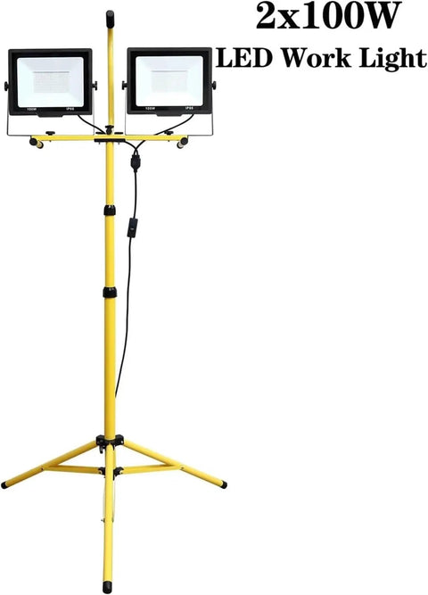 Security Lights Led Flood Light 2X100W 5000K Led Work Light with 100In mounted on a yellow tripod stand for versatile use.