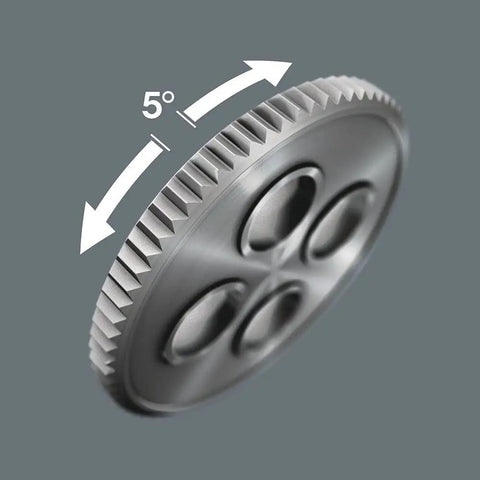 Close-up of 72-tooth gear from Zyklop 1/4 Inch Metric Ratchet Set 42 Piece Kit showing 5-degree precision rotation.