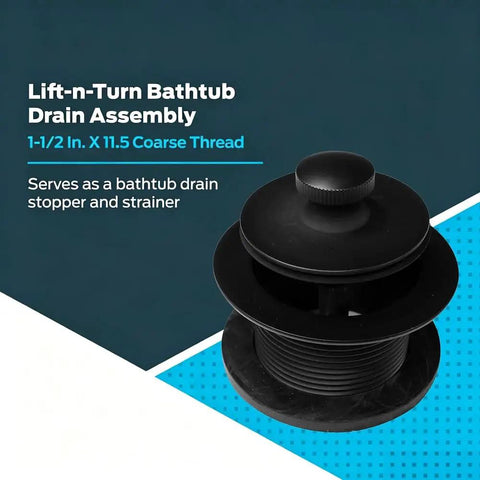 kousoer Bathtub Drain Plug Matte Black with Supplied Faceplate Screws, lift-n-turn assembly, bath drain stopper and strainer.