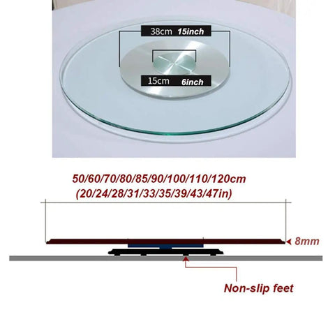 Tempered Glass Turntable With 360 Degree Spin Large Diameter Dining Tray, 8mm thickness, various sizes shown with measurements