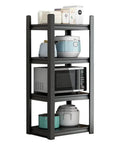 Flat Out Sturdy Heavy Duty Storage Shelf Rack Adjustable Multi Tier Metal Shelving Unit with kitchen appliances and containers on shelves.
