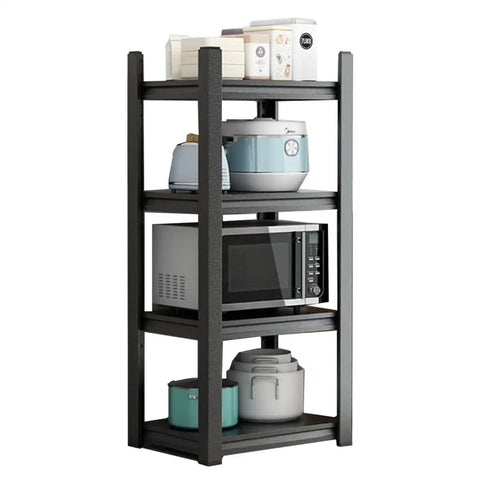 Flat Out Sturdy Heavy Duty Storage Shelf Rack Adjustable Multi Tier Metal Shelving Unit with kitchen appliances and containers on shelves.