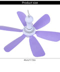 6 Leaves Ceiling Fan with Remote Control for Outdoor USB, purple blades, 17.72 inches, ideal for tents and desks.