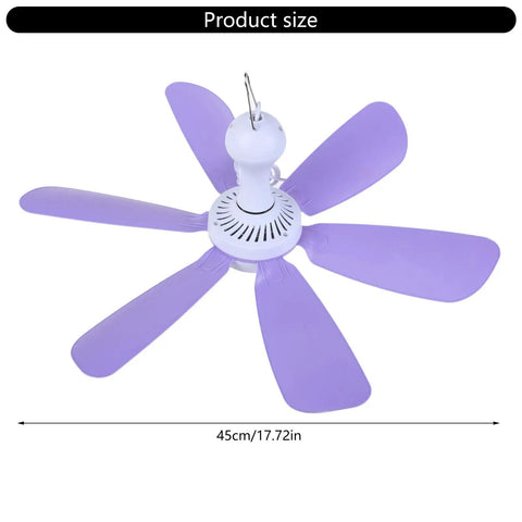 6 Leaves Ceiling Fan with Remote Control for Outdoor USB, purple blades, 17.72 inches, ideal for tents and desks.
