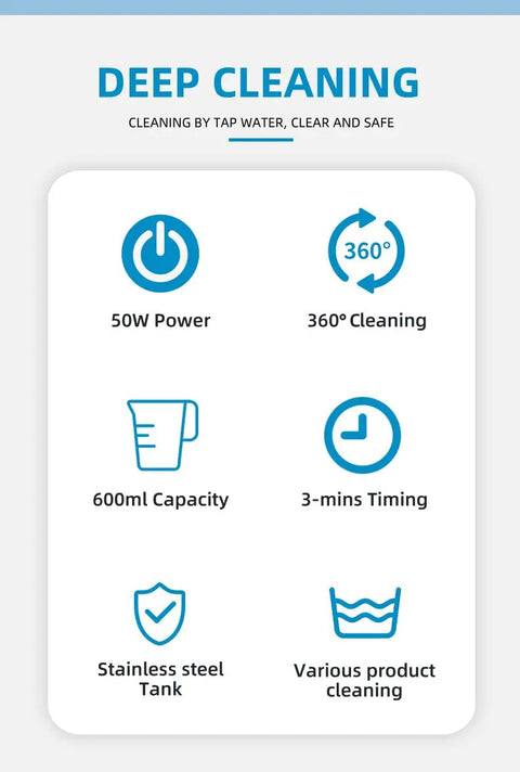 Deep cleaning features for Portable Stainless Steel Ultrasonic Cleaner, showing 50W power, 600ml capacity, and stainless steel tank.
