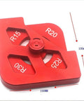 Heavy Duty Aluminum Router Base Insert Set With Precision Corner Gauges And Angle Locator Templates For No Sweat Milling Work Includes R15 To R30 And T15 To T30 Sizes In A Rock Solid Pack Of Three red R20 radius template with sizes R15, R30.