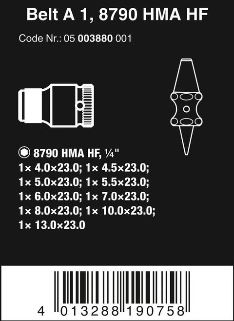 Diagram showing contents of Zyklop One Quarter Inch Socket Belt Set With Holding Function on packaging label.