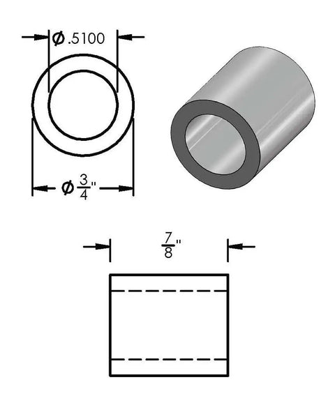 Heavy Duty Round Steel Spacers Three Quarter Inch Outer Diameter Half Inch Inner Bore Eight Eighths Inch Long showing detailed measurements.